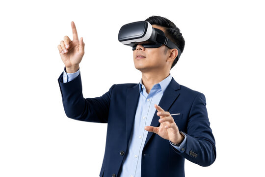 Asian Businessman in Suit Using Virtual Reality VR Headset to Interact with Digital Metaverse Isolated on Transparent Background