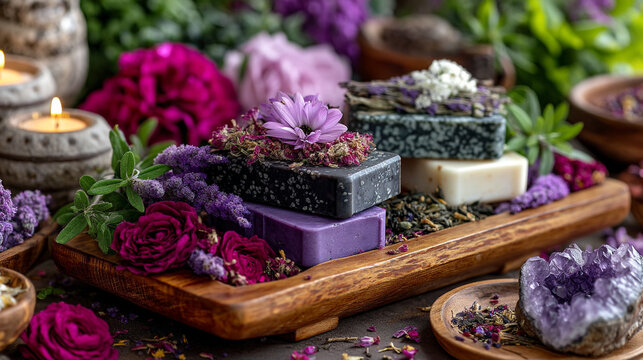 Artisanal natural handmade soaps with dried lavender flowers and amethyst crystal on wood