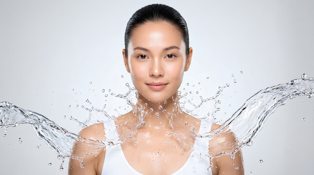Close-up portrait of a beautiful Asian woman with wet skin and dynamic water splash effect - fresh clean beauty spa treatment and hydration concept