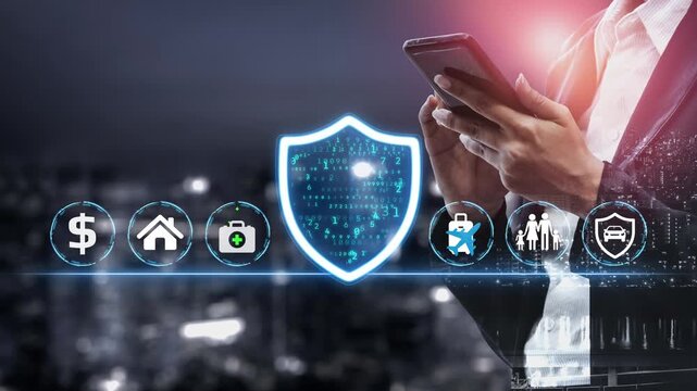 Hands Holding Smartphone with Security Icons on Digital Background, Concept of Online Safety, Financial Protection, and Data Security in Urban Environment. Entropy.