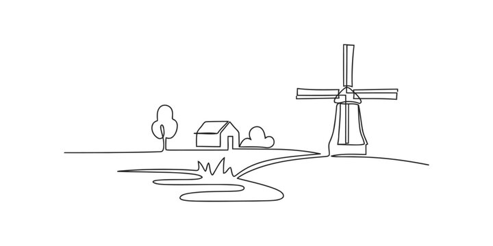 Continuous one line drawing of a windmill, house, and trees in a rural landscape