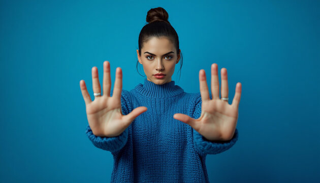 young woman showing stop sign
