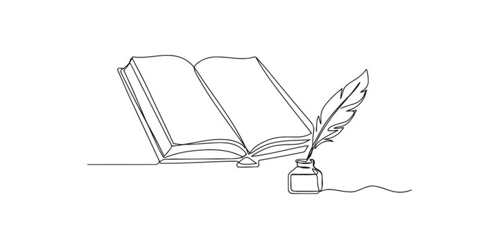 Continuous single line drawing of an open book with a vintage feather quill pen and ink bottle