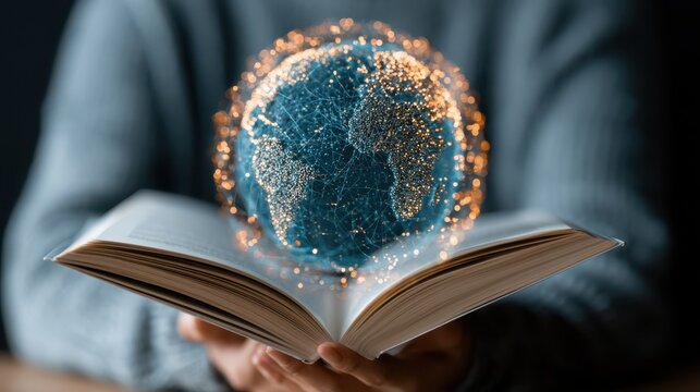 A person holds an open book with a glowing, digital globe hovering above, symbolizing global knowledge and the connection between education and technology.