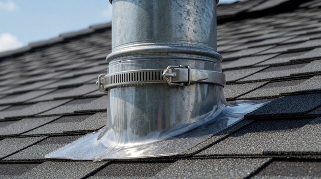Metal vent pipe attached to asphalt shingle roof. Clear plastic flashing ensures waterproof seal. Hose clamp secures pipe. Roof maintenance detail.