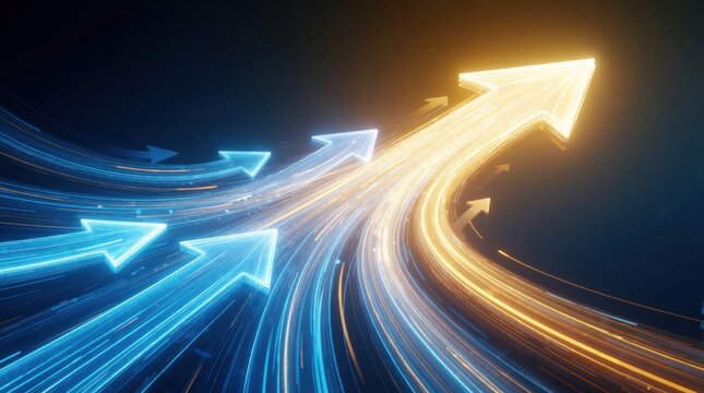Multiple glowing arrows surge forward on dark background. Blue arrows merge into one dominant golden arrow signifying progress. This visual represents growth, success, and a clear path ahead.