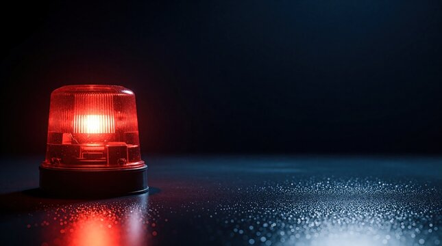 Bright red emergency siren light glows intensely against dark background. Flashing beacon lamp indicates danger urgency situation. Close up view shows police flasher equipment for security alert.