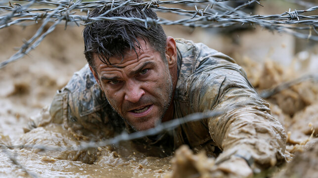 Intense Military Training: Soldier in Mud Battle Overcoming Adversity and Terrain with Determination and Warrior Spirit in Rugged Outdoor Combat Exercise