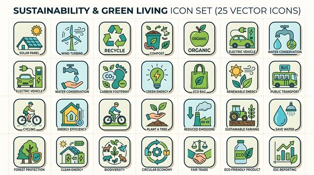 Detailed icon set showcasing sustainability and green living concepts.