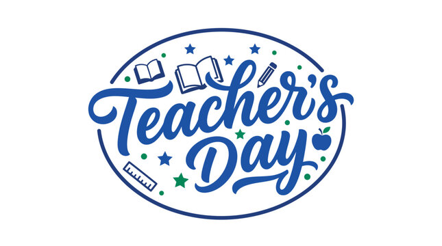 Oval shaped blue emblem badge vector for Teacher Day packed with hand drawn school supplies books stars and ruler details