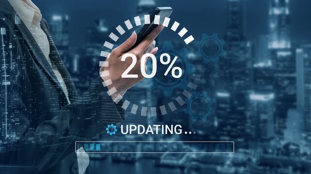 Modern Businessman Holding Smartphone with Update Progress Bar in Background of Urban Skyline at Night. Entropy.