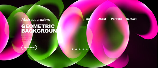 Naklejka na ściany i meble Vibrant abstract shapes overlap, creating dynamic geometric background. Text elements present work, about, portfolio, contact options.