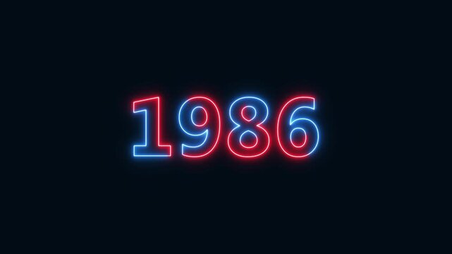 Glowing neon 1986 year text looped animation on blue background.Abstract 1986 neon text animation, Red and blue text concept of counting years.