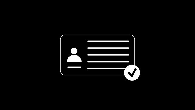 Identification card with chick mark manager check list id card animation on black screen.Abstract Personal data check with chick icon animation.