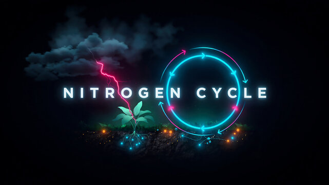 Nitrogen Cycle Visual Representation Featuring Plant Growth Lightning Storms And Soil Microorganisms In Digital Art