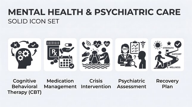 Mental health and psychiatric care icon set with therapy and medication symbols.