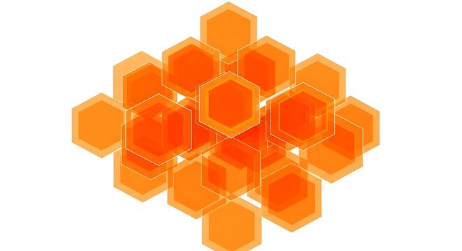 Abstract pattern of orange hexagonal shapes with transparent layers creating a geometric honeycomb structure on a white background surface