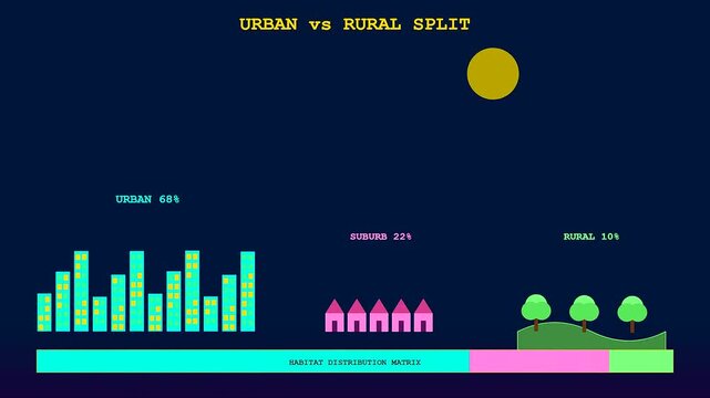 Analyzing audience demographics through a visual progression of residential growth trends showing urban development suburban expansion and rural preservation in a minimalist flat vector graphic style