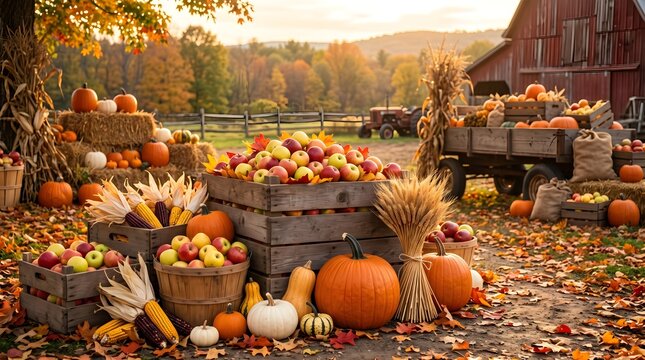 A outdoor rustic autumn harvest display featuring wooden crates filled with red apples, pumpkins, squash, and corn husks near a barn.