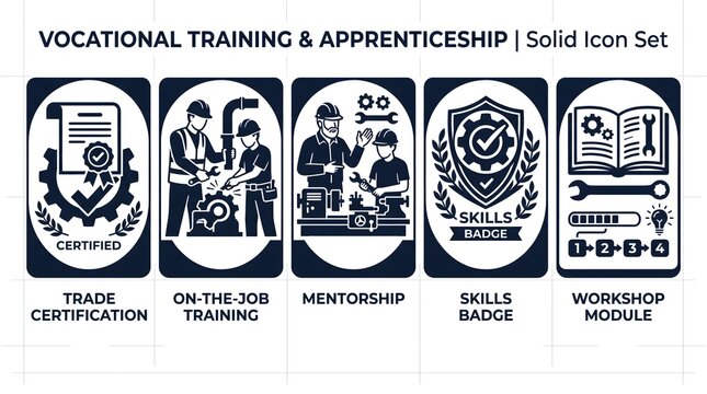 Vocational training and apprenticeship solid icon set with certification.