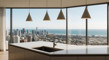 Fototapeta premium Modern kitchen island with sink overlooks city skyline, ocean beach view. Contemporary apartment interior features minimalist design with hanging lights, large window. Luxury penthouse residence