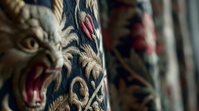 Intricate fabric textile embroidery motif fierce mythical creature detail