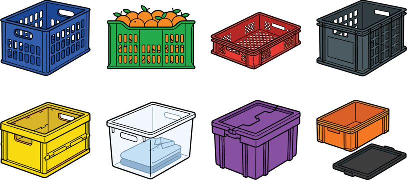 Plastic Crate and Storage Bin Vector Set Featuring Colorful Utility Baskets Tote Boxes with Lids Fresh Produce Harvest Crate and Home Organization Containers