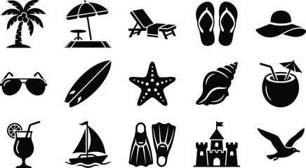 Collection of black and white summer vacation icons representing beach activities and tropical elements for travel and leisure design © Nahid