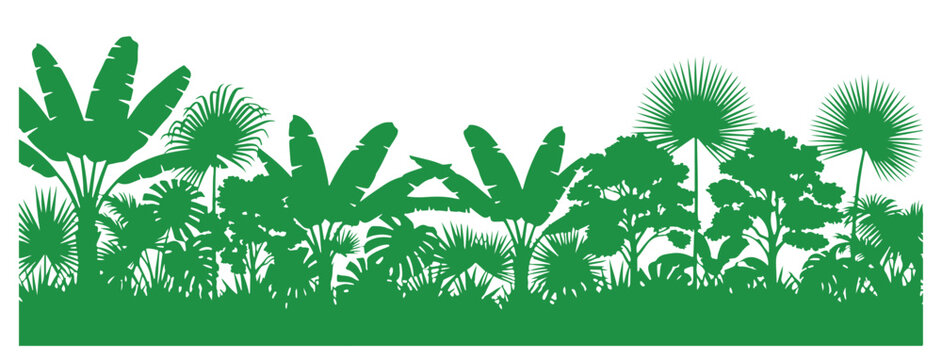 Natural tropical foliage border with dense green trees in a modern flat vector illustration.