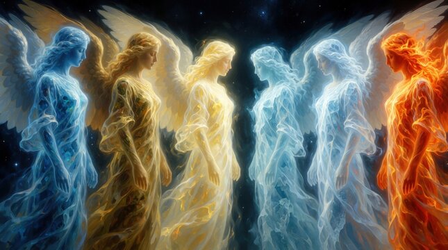 Five angelic figures stand together in space. Female represents unique elemental force like fire water air, light. Graceful women with glowing wings wear flowing robes. Cosmic beings show spiritual