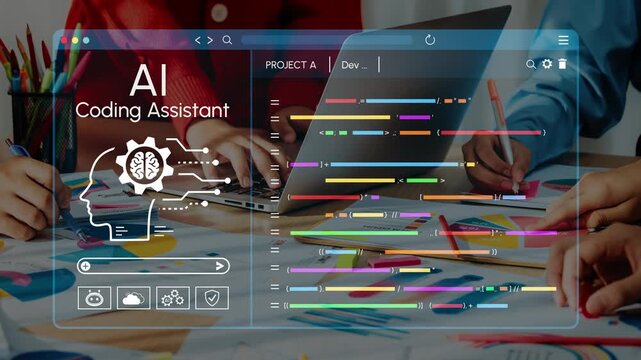 Innovative AI Coding Assistant Concept with Collaborative Team at Work on Project Development and Future Technology Solutions. Entropy.