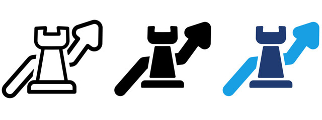 Chess rook icon with upward arrow representing strategic growth, business advancement, tactical leadership, market expansion, and success plan. © Rayhan