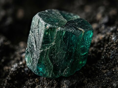 Raw Green Emerald Crystal Specimen On Dark Rough Rock Matrix Macro Shot