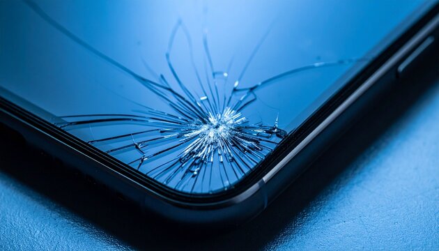 Shattered smartphone display with deep spiderweb cracks and glass fragments on blue background