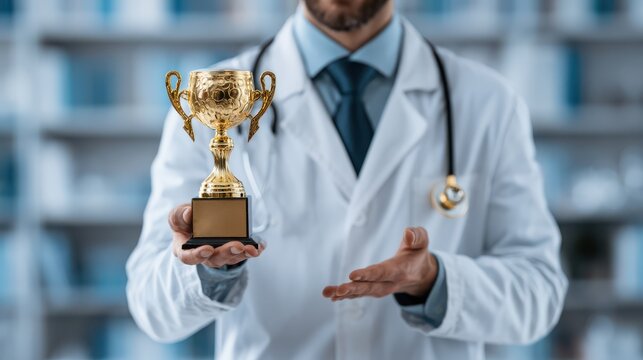 A doctor wearing a white coat proudly holds a golden trophy, symbolizing achievement and excellence in the medical field.