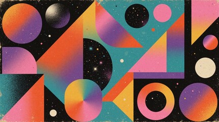 Naklejka na ściany i meble Retro abstract art background with geometric shapes in colorful risograph print style. Circles, triangles create vintage graphic design with noise grain texture. Creative modern wallpaper uses bright