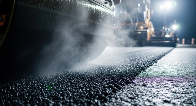 Nighttime close detail of ecofriendly asphalt texture being rolled by compactor on newly paved roadway under artificial lighting.