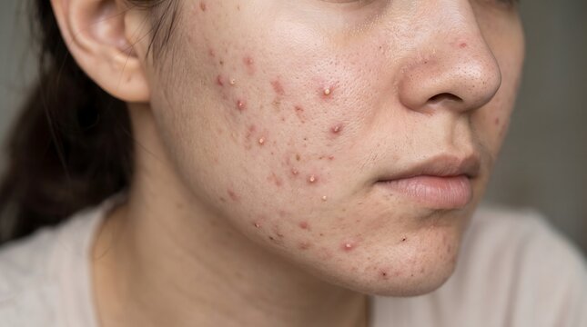 Close-up of woman with acne-prone skin. Young female with skin issues, skincare concerns, and facial blemishes.