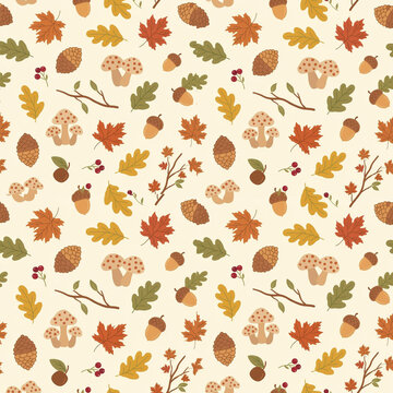 Autumn Leaves Seamless Pattern with Oak Leaves, Maple Leaves, Acorns, Twigs and Botanical Elements for Fabric and Wallpaper