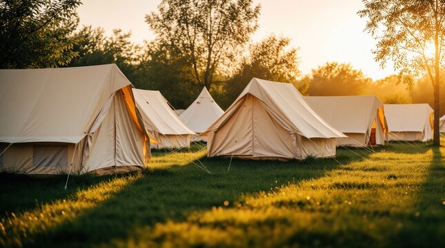 Beige canvas tents stand on green grassy meadow during sunset. Glamping site with luxury shelters in nature park for summer travel vacation. Peaceful field with camping accommodation provides