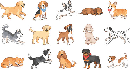 Obraz premium Set of watercolor illustrations featuring various dog breeds on white background