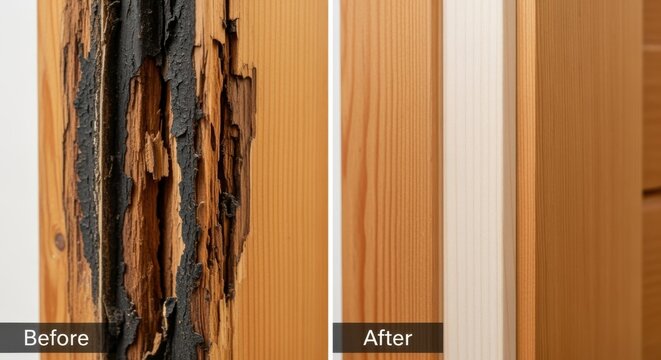 Before and after comparison of a door jamb with rotted filler and a restored smoothfinished replacement piece.
