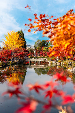 Vibrant red and yellow autumn leaves in a traditional Zen garden with a peaceful lake reflection at Eikando Temple in Kyoto, Japan
