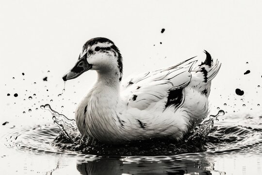 Minimalist black, white drawing of duck splashing in water. Graphic line art style shows swimming bird with ink drops. Creative monochrome animal illustration for modern design projects. Elegant