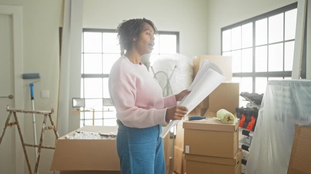 Young woman holding blueprints and studying plans inside building under renovation with boxes and ladder; focused planning.