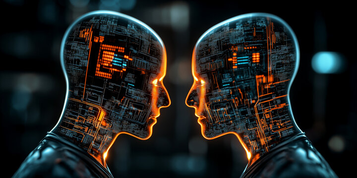 Innovative digital engagement between two artificial intelligence characters symbolizing business concepts in a virtual reality environment