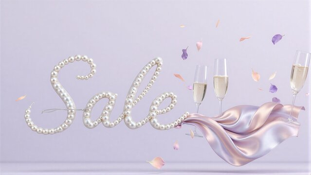 Pearl 'Sale' sign, champagne glass, silk ribbon, falling rose petals on lavender background.