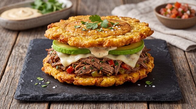 Tostone Sandwich with Shredded Beef, Cheese and Avocado