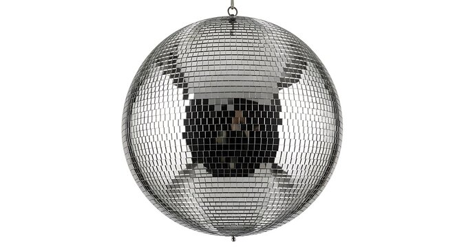 Large spherical disco ball made of many small square silver mirrors, reflecting light, isolated on a white background, for party atmosphere