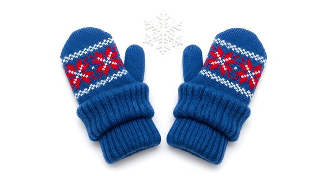 Pair of blue knitted winter mittens with a red snowflake pattern, isolated on a white background, with a small, snowflake for cold weather